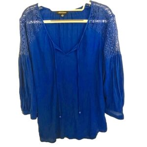 Women's Size Large Gauze & Crochet Lace Hippie Peasant Bohemian Puff Sleeve Top